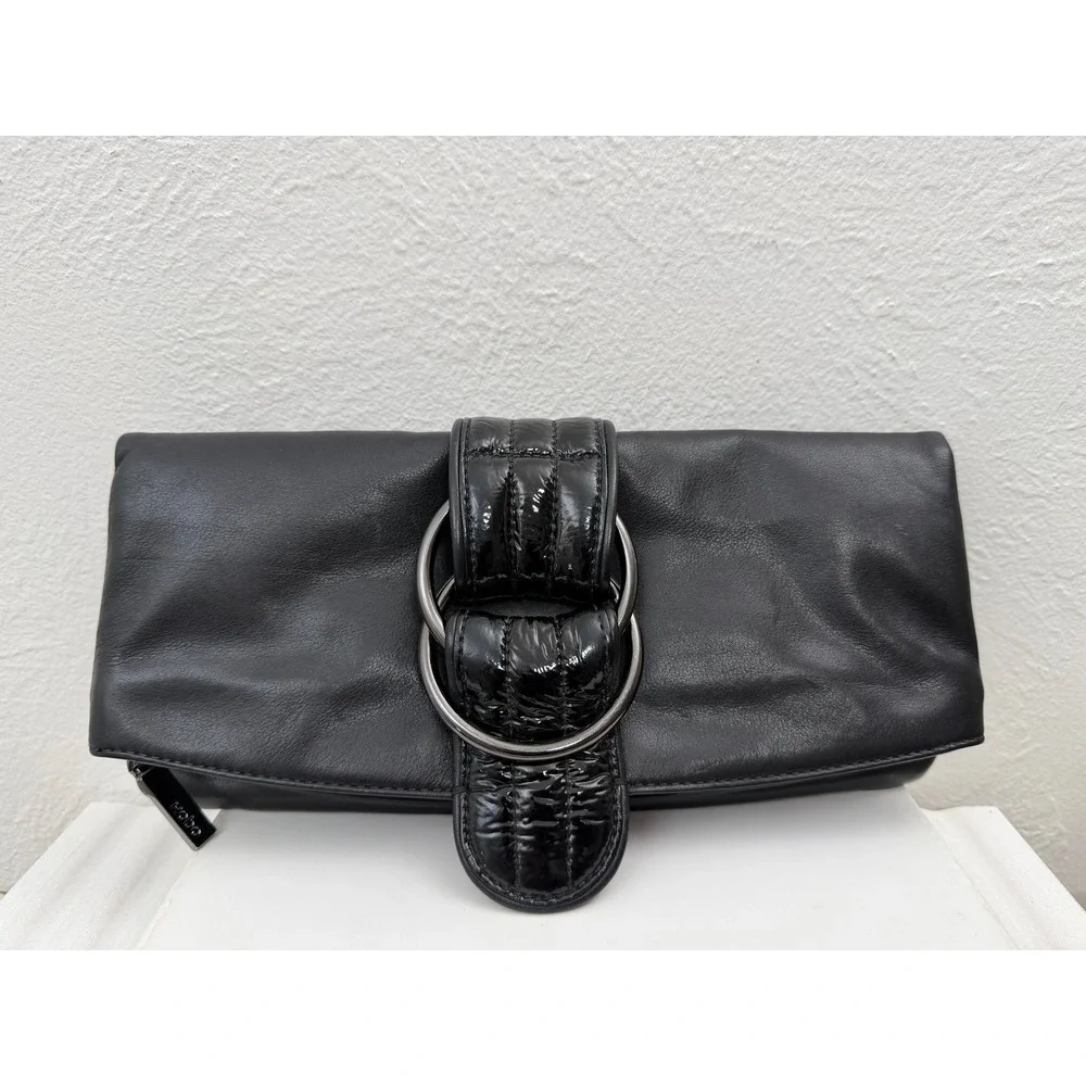 Hobo International Black Leather Foldover Clutch Bag Patent Ring Hardware